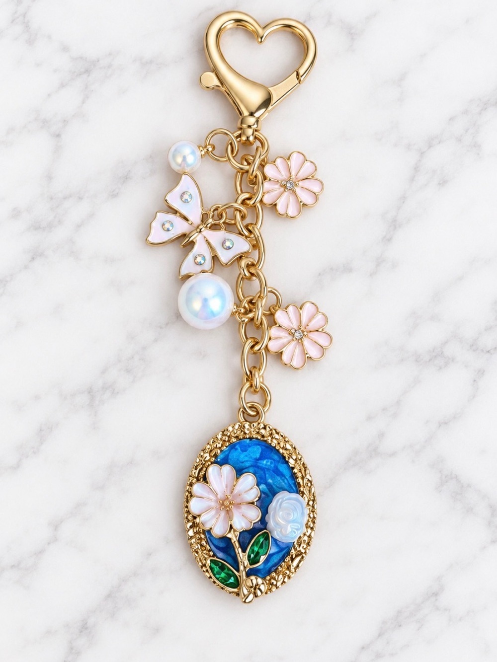 Bag Charm/Keyring-Blue and White Enamel Flower & Butterfly Charm-Gold Hardware